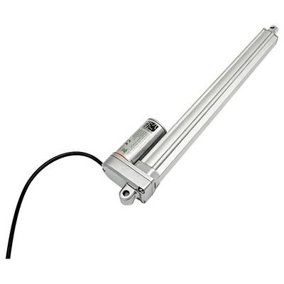 Electric linear actuator with long silver extension rod and attached black power cable on white background