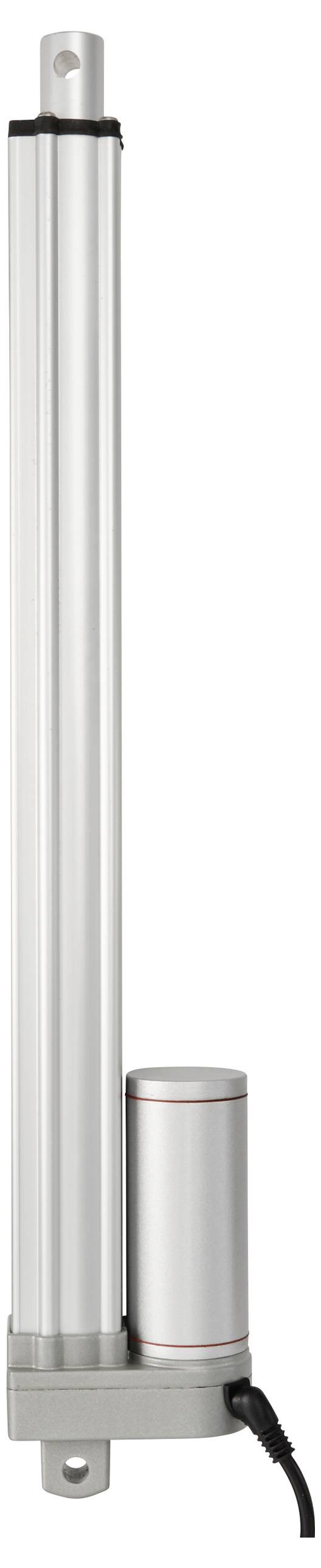A linear metal actuator, vertically positioned. At the bottom, there is a connection cable for power supply.