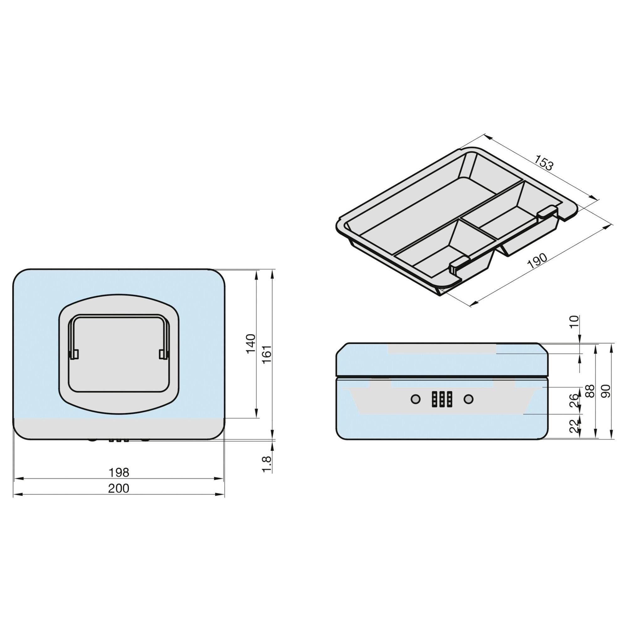 Technical drawing of a rectangular mounting bracket with dimensions. Front view shows a square opening, side view displays height measurements.
