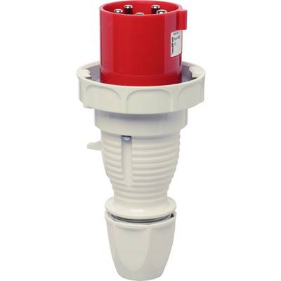 A red, cylindrical industrial plug with a grey handle for high-current applications, with a label showing technical specifications on the side.