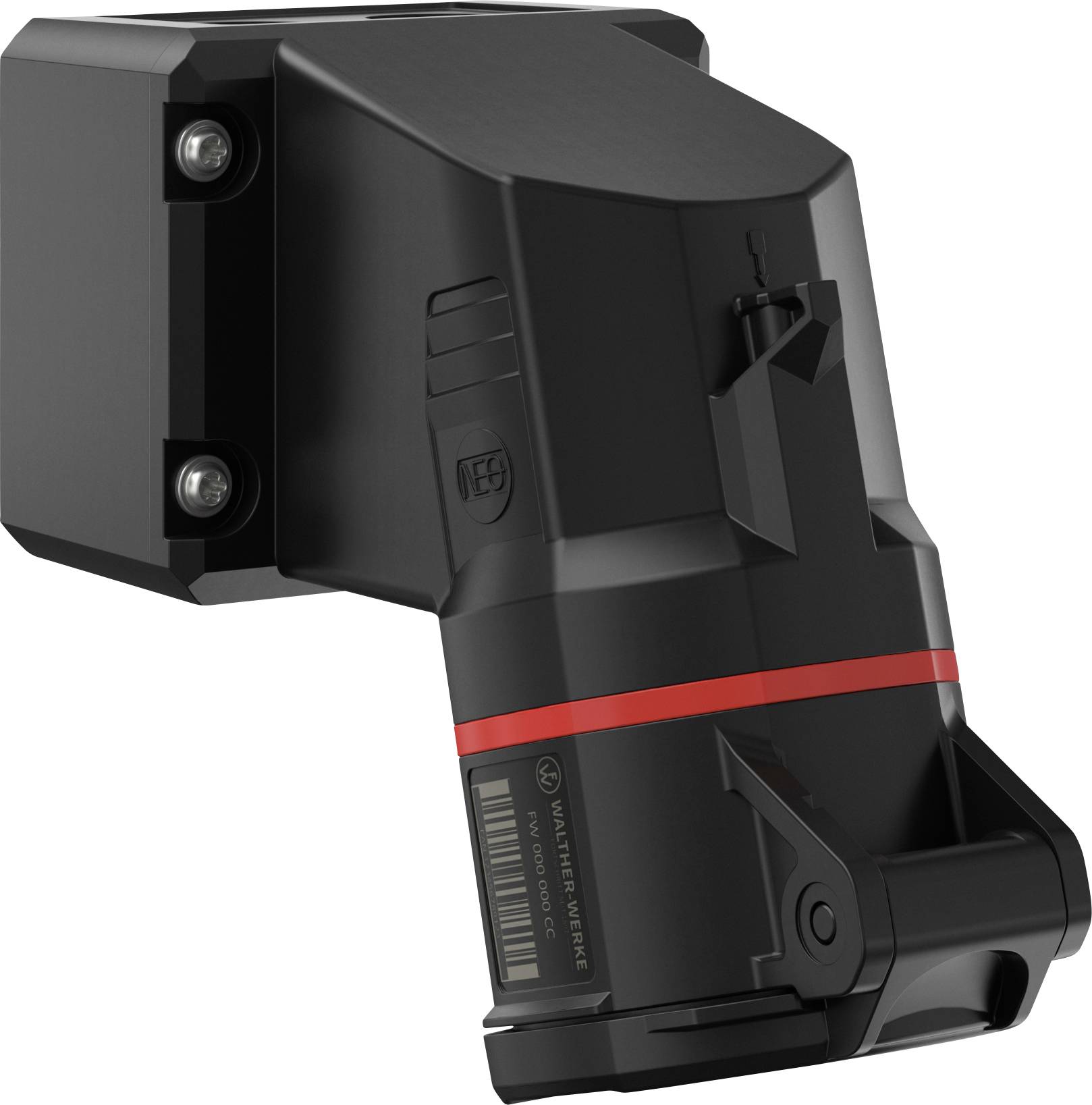 A black, industrial wall-mounted charger with a red stripe and mounting bracket. Suitable for outdoor use.