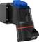 An electrical connector device with a blue cover and red markings, suitable for wall mounting.