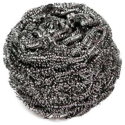 A spherical metal sponge made of twisted steel wires, commonly used as a pan scrubber.