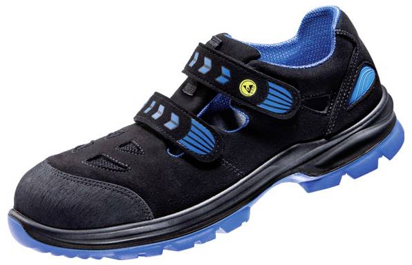 A black work shoe with blue details and a reinforced toe area. Two hook-and-loop fasteners ensure a secure fit.