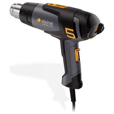 Black hot air blower with orange details. Brand: Steinel. Suitable for removing paint, shaping plastic, and loosening adhesive.