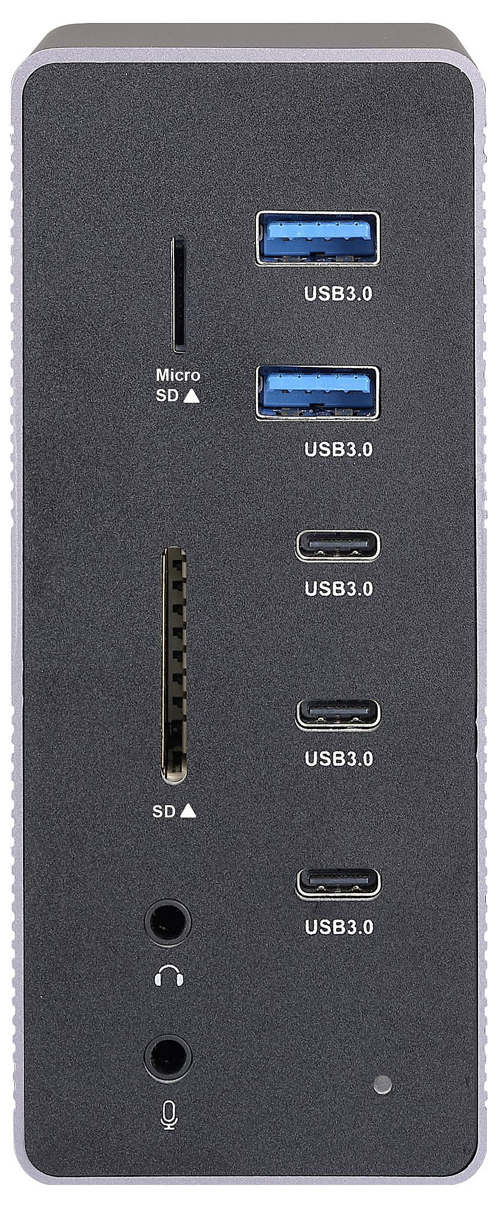 A black computer dock with two USB 3.0 ports, three USB-C ports, a micro-SD slot, an SD slot, and audio ports.