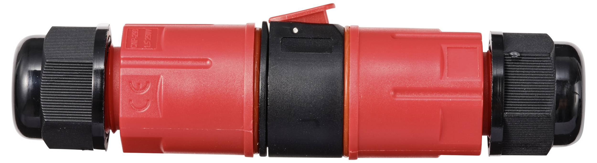 Red, cylindrical plug with black end caps and a small, red lever on top, suitable for connecting electrical cables.