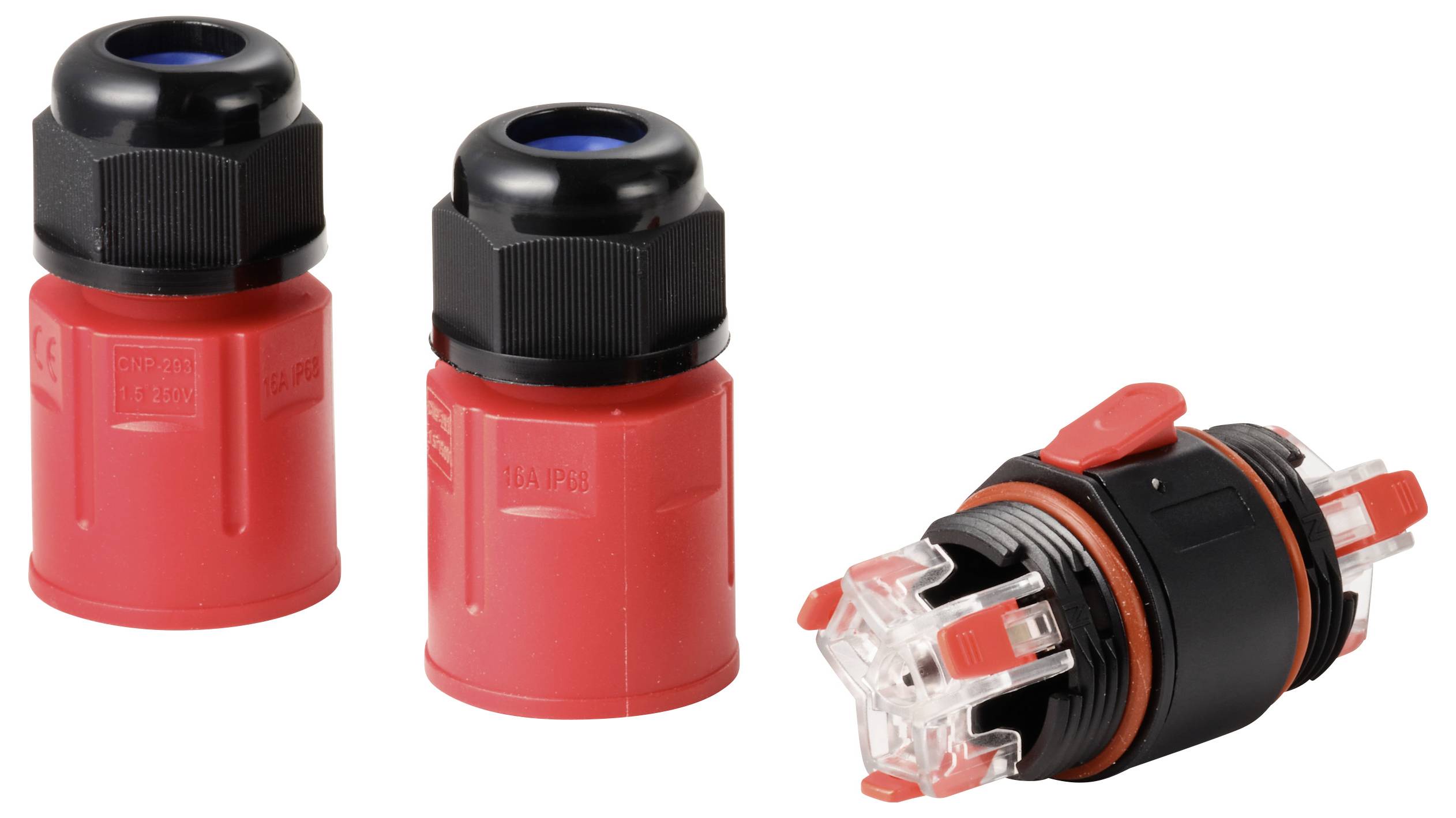 Three red cable glands with black and transparent elements for secure electrical cable connection.
