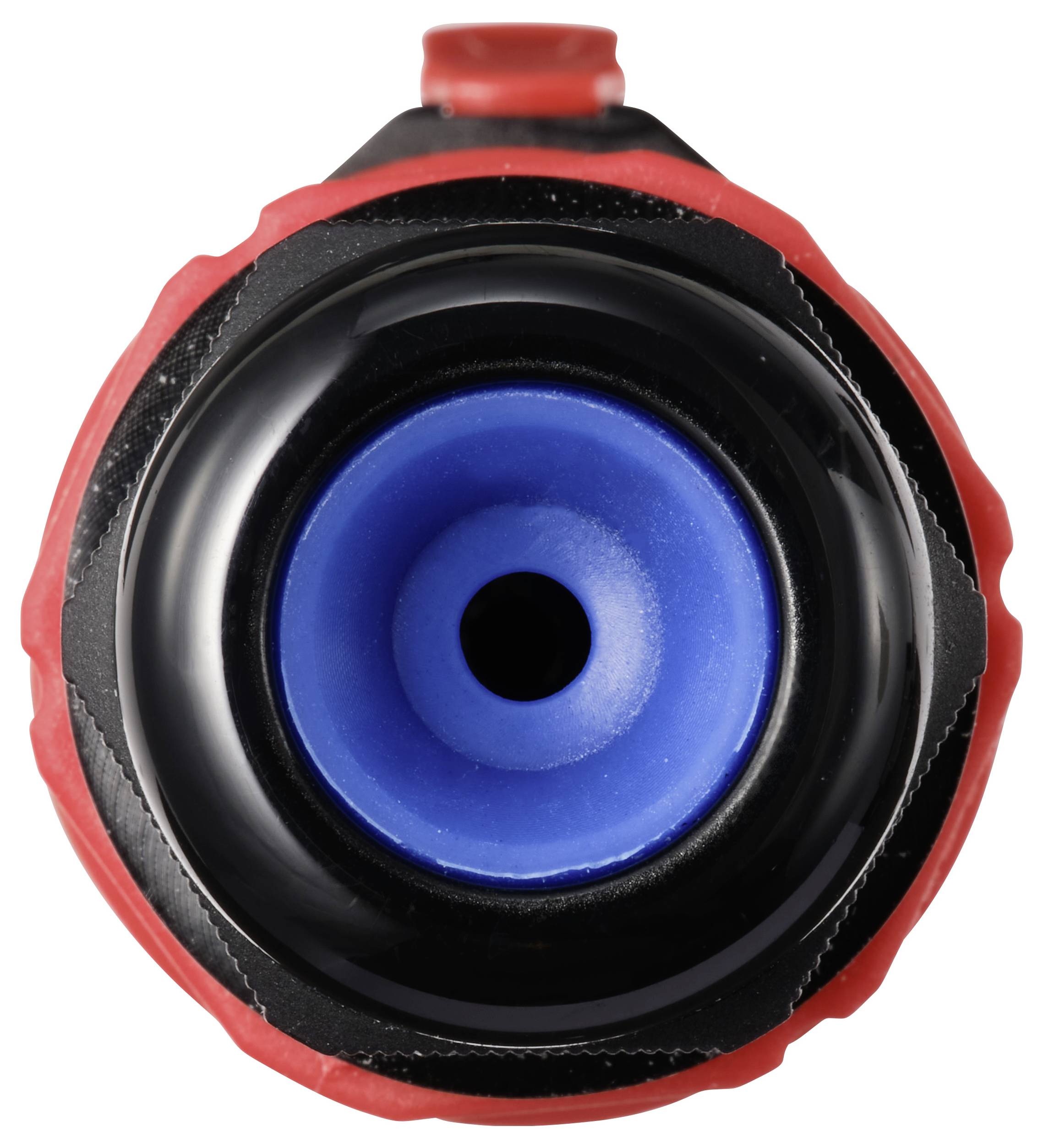A red bottle cap viewed from above shows a black exterior with a blue insert.