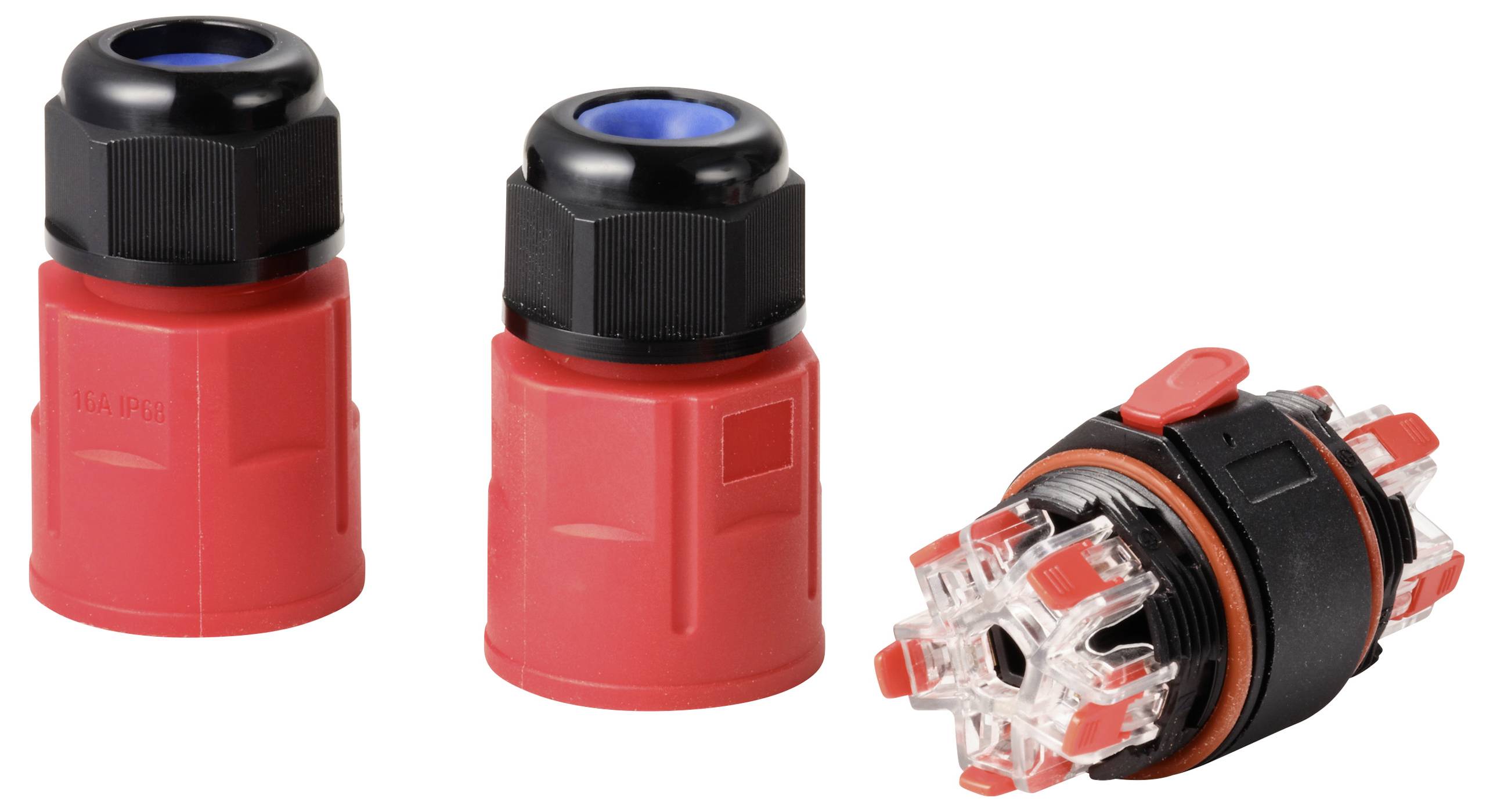 Three red and black plastic plugs for use in electrical engineering applications, one partially transparent with red clips.