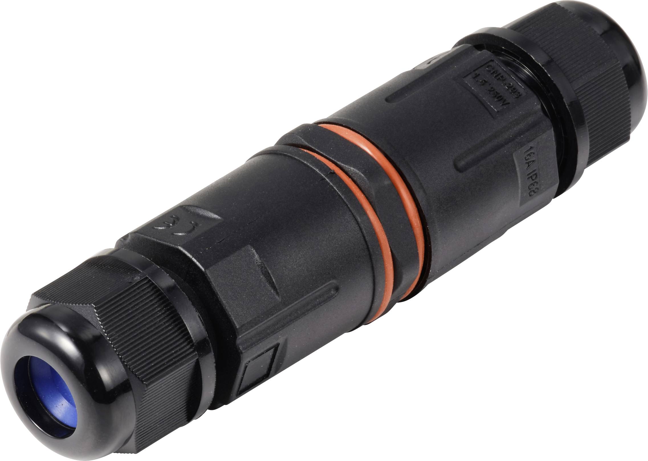 A black, cylindrical cable connector with an orange seal, suitable for robust connections in electrical installations.