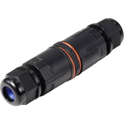 A black, cylindrical cable connector with an orange seal, suitable for robust connections in electrical installations.