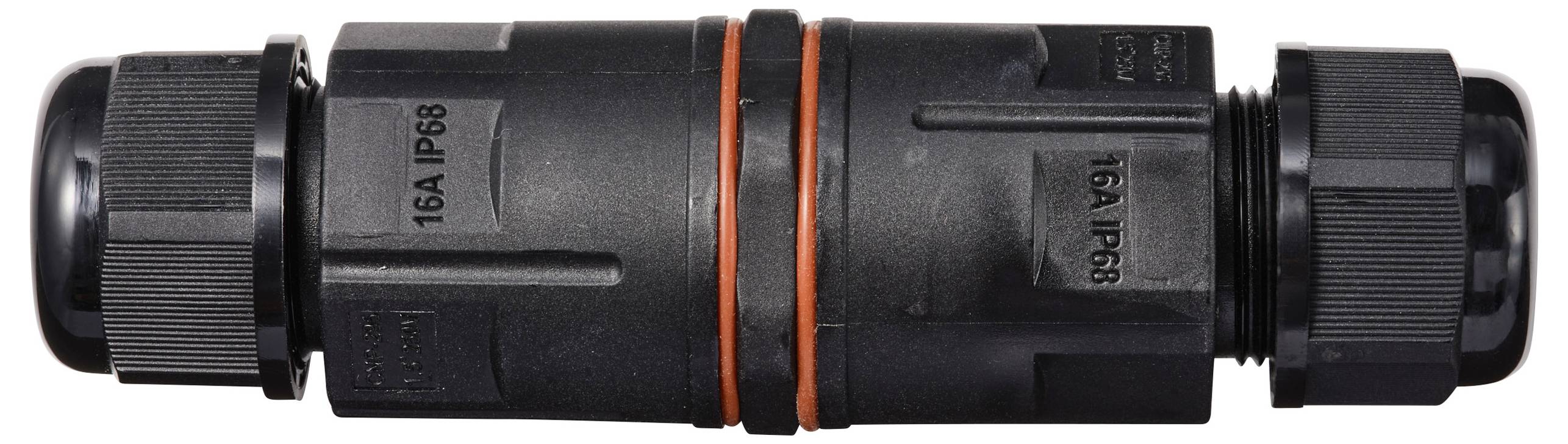 A black, waterproof cable connector marked with '16A IP68'. It is cylindrical and has red sealing rings.