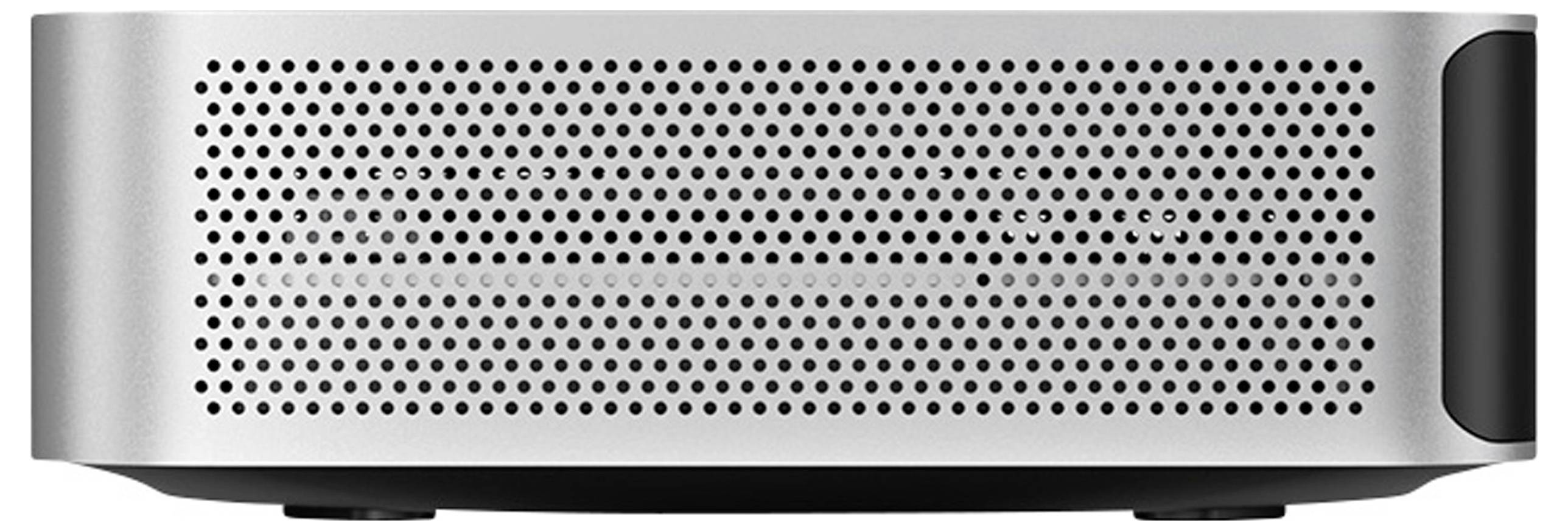 A compact, silver speaker with a perforated front, suitable for modern interiors and home audio systems.