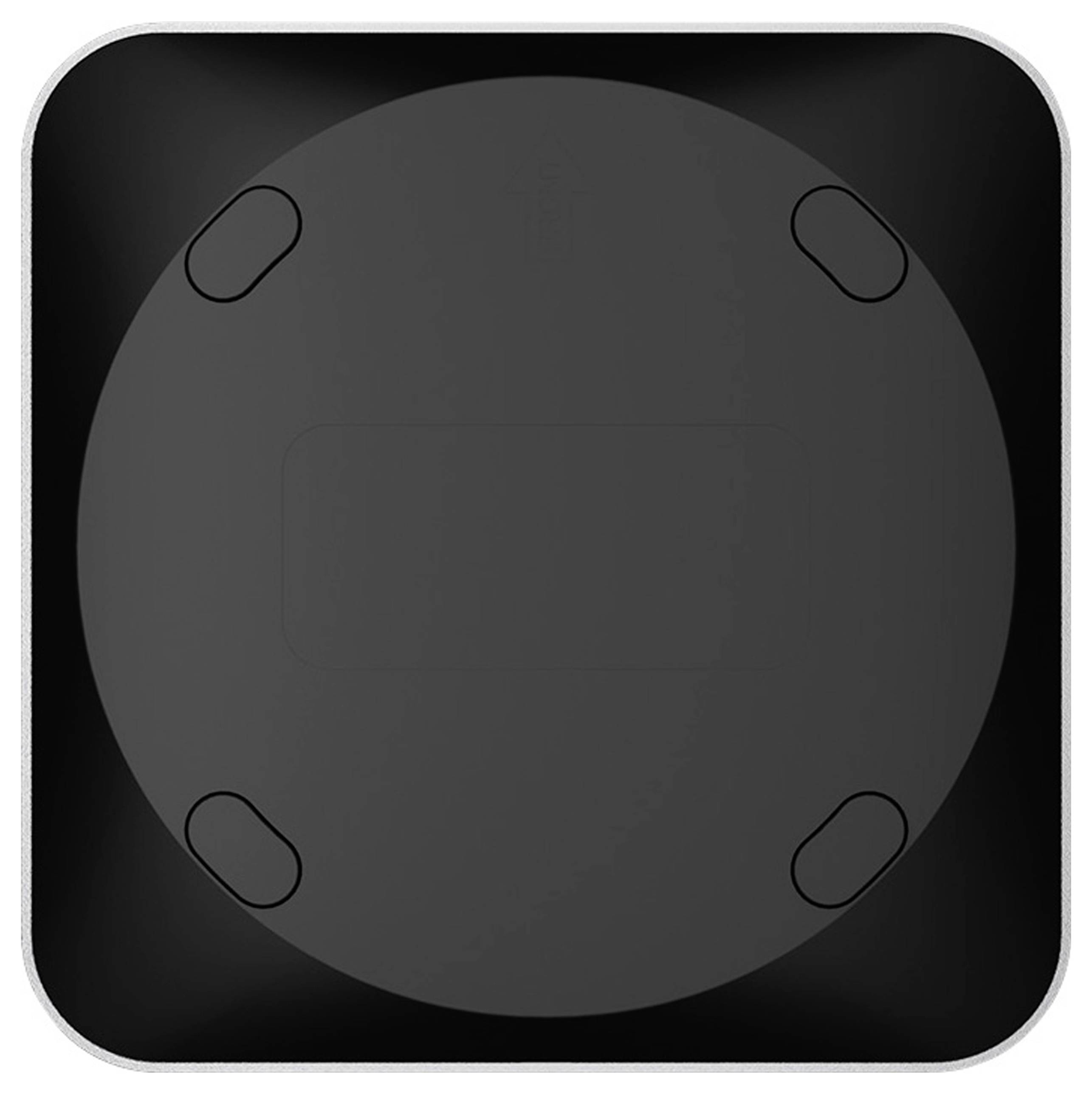 A black square switch with rounded corners and a round central area, surrounded by four small circles.