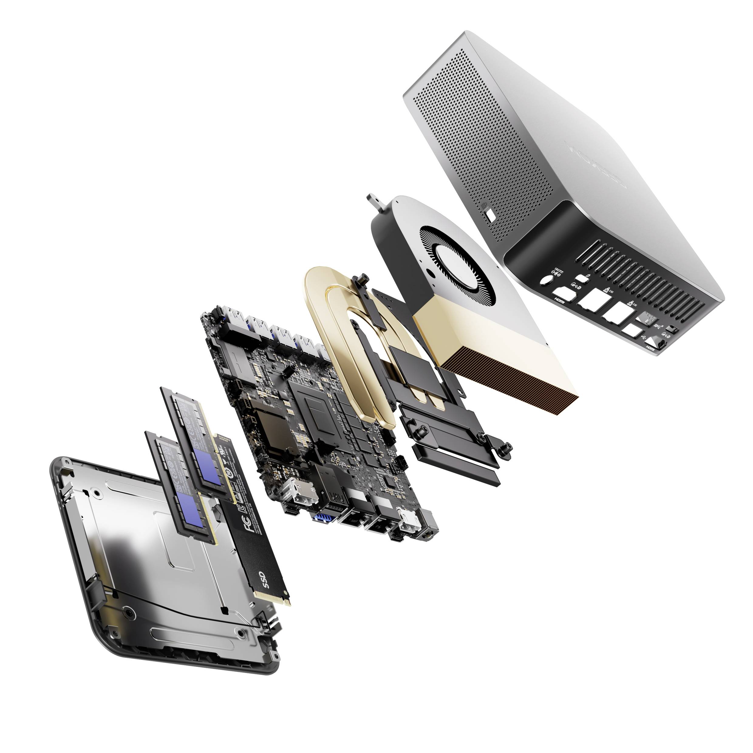 Computer Exploded View: Casing, fans, processor, RAM, motherboard and other components in separate layers.