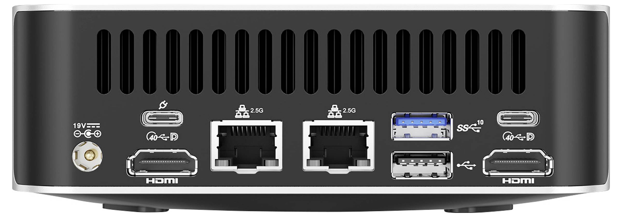 Back of a mini PC with ventilation slots, two Ethernet ports, four USB ports, HDMI ports, and power connection.