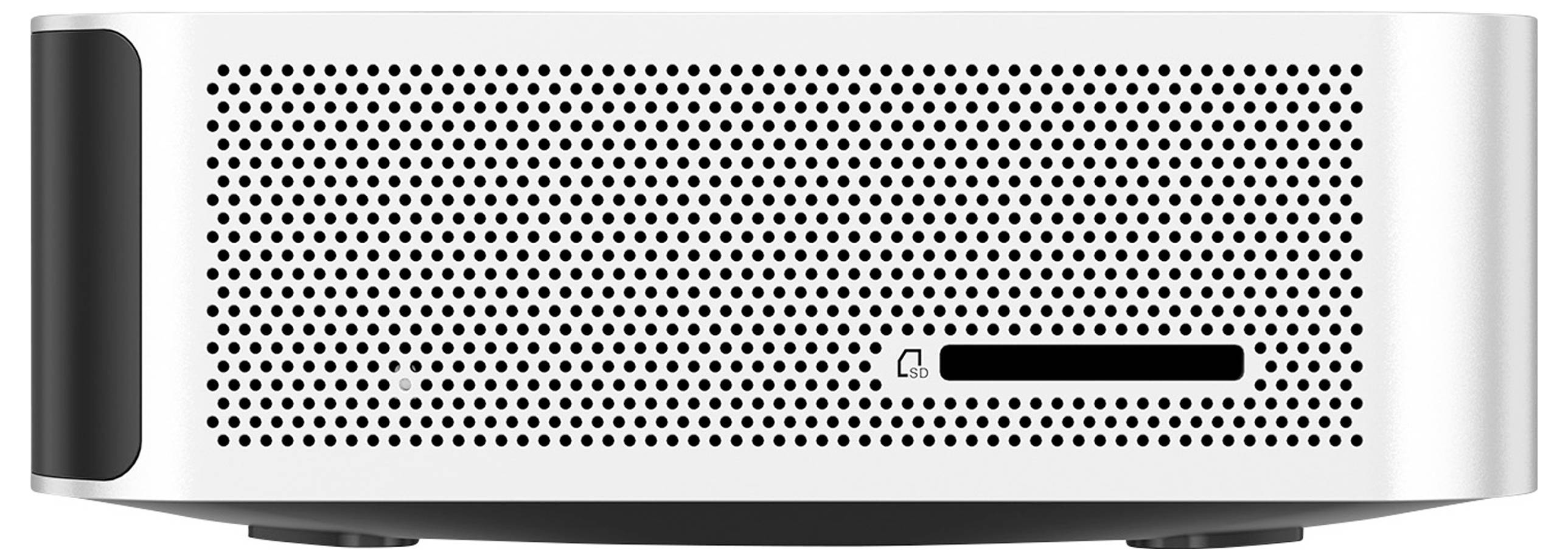 A white, rectangular speaker with a perforated front cover and a black vertical stripe on the left side.