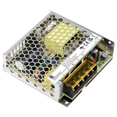 Compact metal power supply unit with ventilation grille, revealing internal electronic components. Certificates and voltage information are visible.