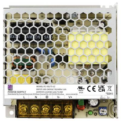 An open computer power supply unit with a mesh cover reveals electronic components such as capacitors and transformers. CE marking is visible.