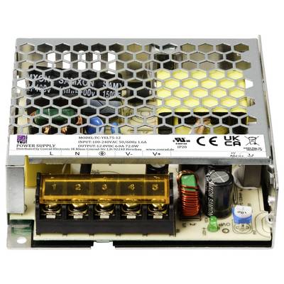 'Power supply, model TC-YEL75-12, with mesh enclosure and open connections; input 100-240V, output 12V/6.0A.'