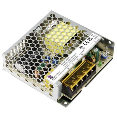 An open electronic power supply unit with a honeycomb cover, various components, and a yellow label displaying technical specifications.