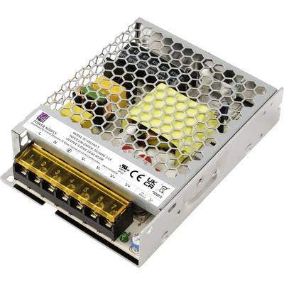 A switch-mode power supply with a metal enclosure and honeycomb ventilation pattern. Safety symbols and technical specifications are visible.