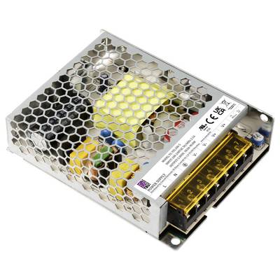 Metal enclosure of a power supply unit with a honeycomb pattern, multiple coloured components inside and yellow-marked output terminals.