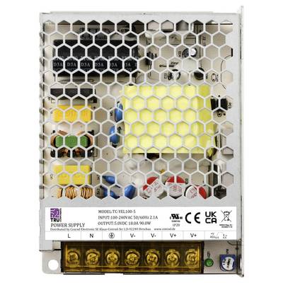 Power Supply Unit TRU TC-YEL100.5 with Model and Voltage Specifications. Hexagonal Metal Grid Reveals Internal Components.