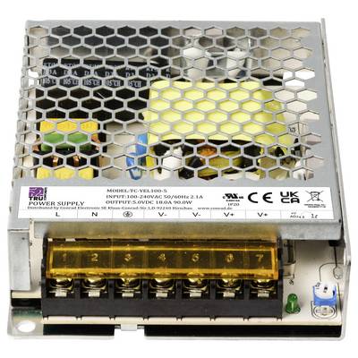 Power supply with metal mesh cover, showing connection terminals and specifications: Input 100-240VAC, Output 12VDC 10A.