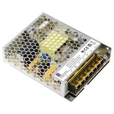 Metal power supply unit with ventilation grille, electrical components, and labelling with technical specifications.