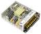 Metal power supply unit with ventilation grille, electrical components, and labelling with technical specifications.