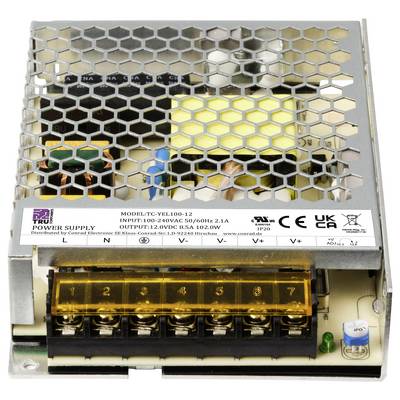 An open power supply enclosure with visible electronic components and a connection strip.