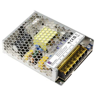 Power supply unit with honeycomb cover, label displaying CE and RoHS certifications, various colourful cables and components visible inside.
