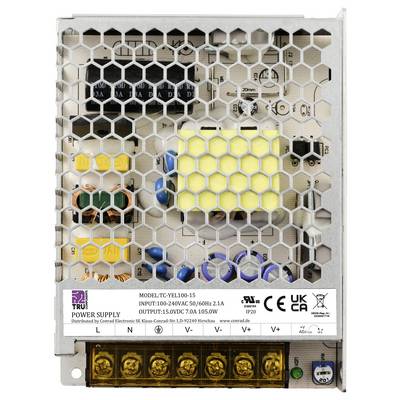 Power supply in metal enclosure with model number 'TC-YEL100-15', input 100-240V, output 15V. CE and UKCA certifications visible.
