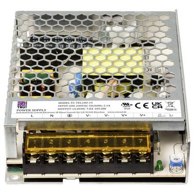 Industrial power supply with protective grid and connection terminals. Input range: 100-240V, Output: 15V, 7A, 105W. CE and UKCA certified.