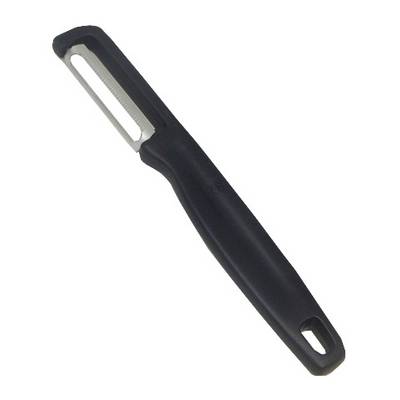 A black and grey potato peeler with an ergonomic handle and sharp blade, suitable for peeling vegetables and fruit.
