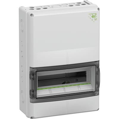 A grey, vertical electrical switchboard enclosure with a transparent front section and a labelling field underneath.