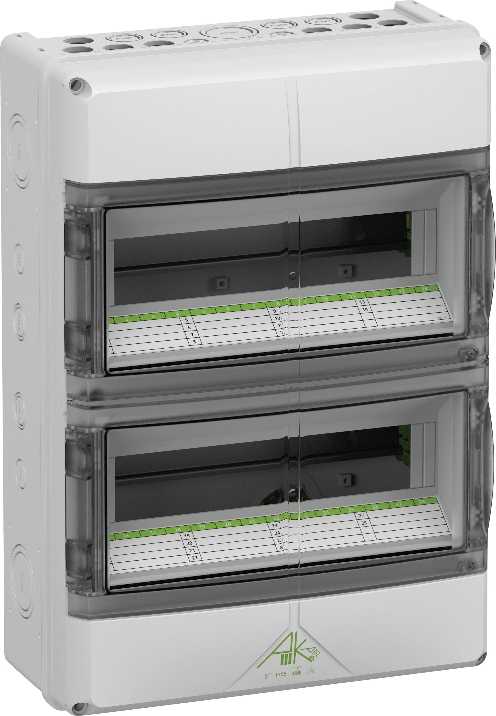 A double-row, grey consumer unit with transparent covers and green labelling on pull-out panels. Suitable for indoor installation.