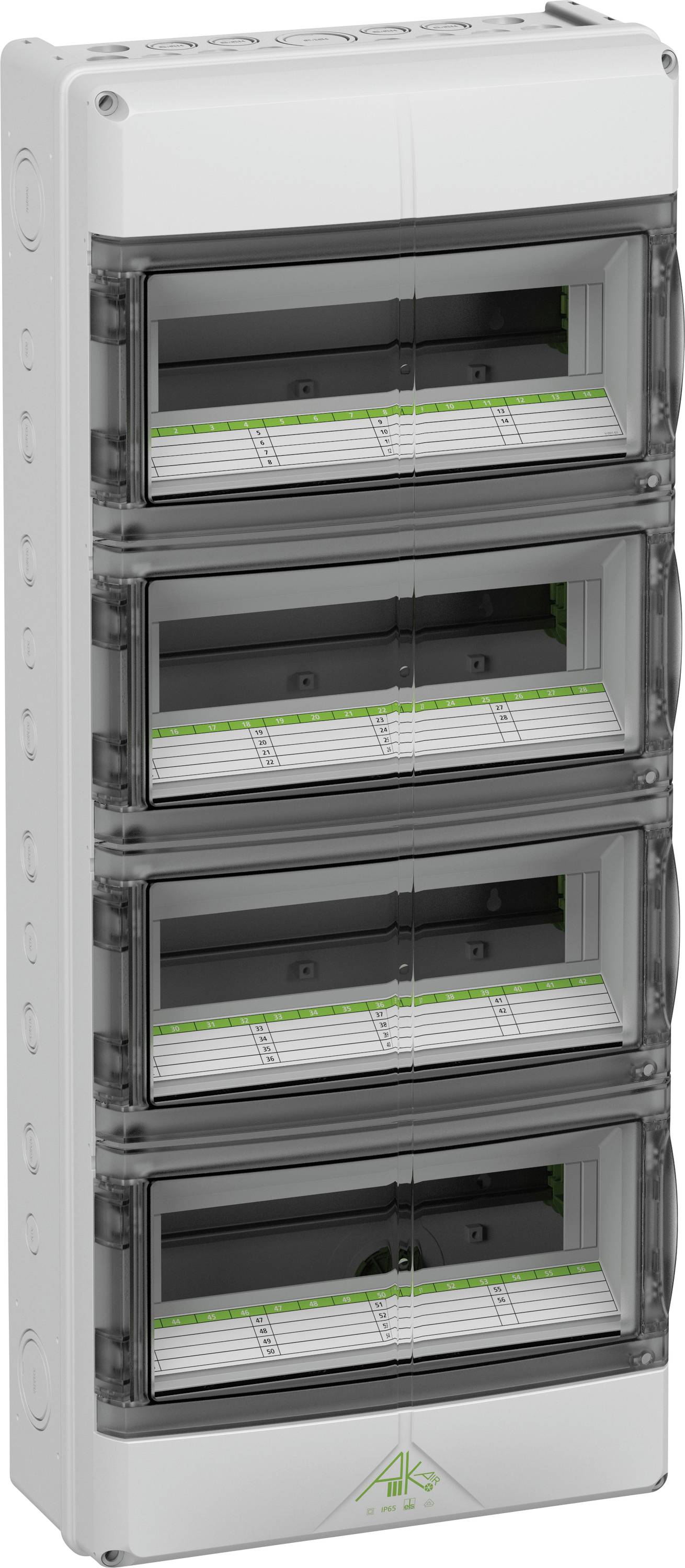 White electrical control panel with four transparent covers and labelling strips, suitable for residential or industrial applications.