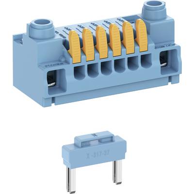 'Installation technology plug connector with five yellow levers and connector in blue and orange, suitable for electrical connections.'
