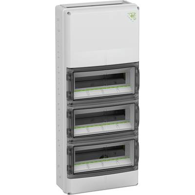 White, three-row consumer unit with transparent covers and a green symbol in the top right corner.