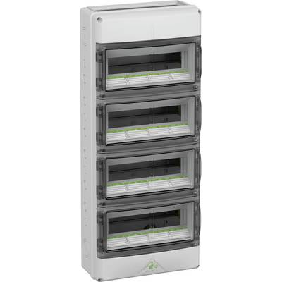 Electrical control cabinet with four transparent hinged doors and mounting areas for circuit breakers or fuses.
