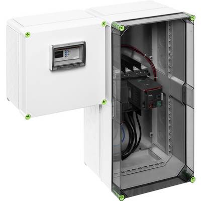 A white electrical distribution box with a transparent lid reveals several cables and electronic components inside.
