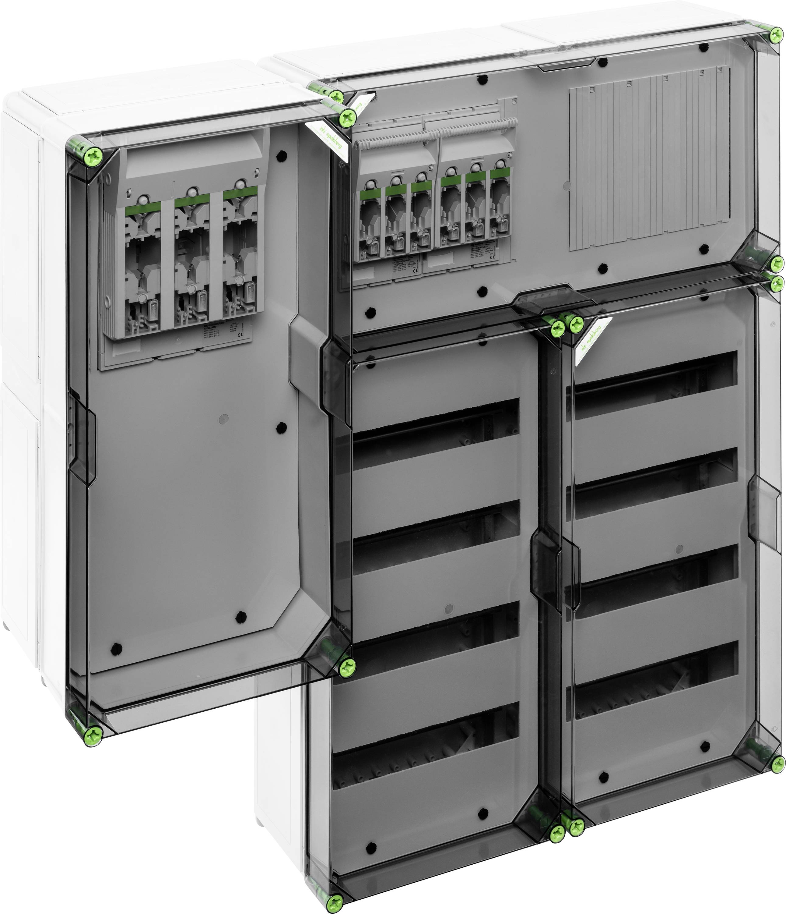 Electrical distribution board with open doors shows multiple fuse switches and wiring components, ready for installation.
