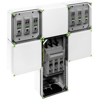 A grey, modular distribution box with white covers and green-marked connection points, opened to reveal its internal components.