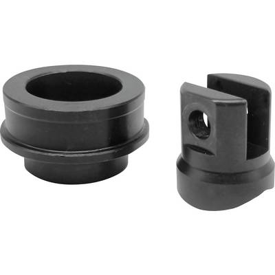 Two metal components: On the left, a round socket, on the right a cylindrical part with a vertical slot and hole, both black.