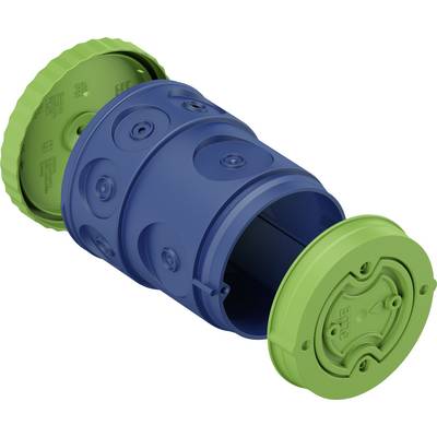 Blue-green cylindrical container with a removable lid, showing grooved pattern and closure mechanism, used for storage.
