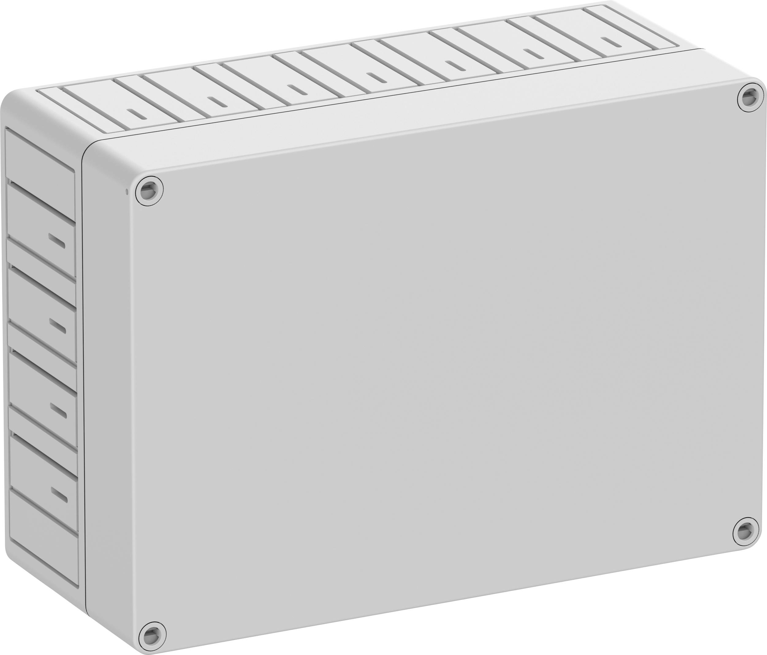 A rectangular grey enclosure with screw locks at the corners, suitable for technical installations or cabling.