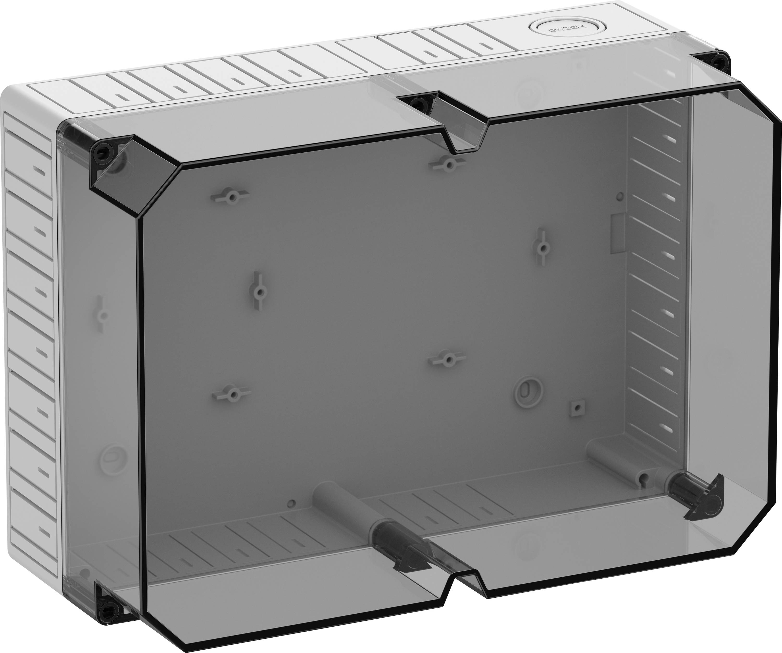 Electrical enclosure with a transparent, removable lid. Interior fitted with mounting provisions, suitable for electrical components.